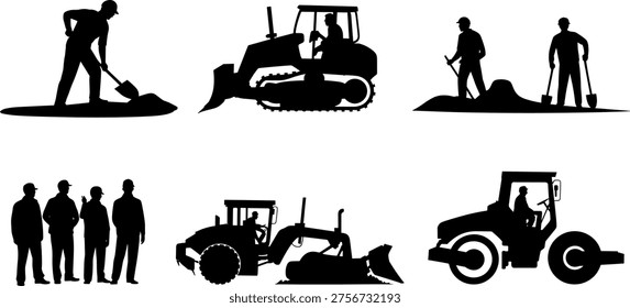 Construction worker silhouettes with heavy machinery bulldozer excavator and road roller illustrating teamwork earthmoving industrial labor infrastructure development engineering equipment isolated on white background