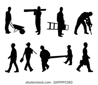 Siluetas de trabajadores de la construcción en varias poses y herramientas y equipos de transporte
