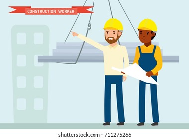 Construction worker. Construction site. Wizard shows worker plan and construction. African american people. Vector. Cartoon flat style.