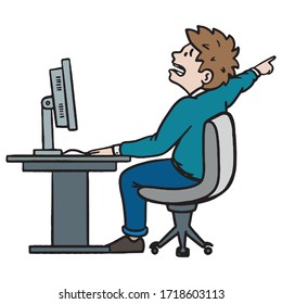 un trabajador de la construcción se sienta en un escritorio y señala un dedo en una dirección. cómic, ilustración vectorial.