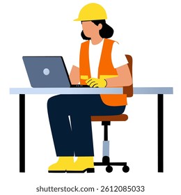 A construction worker sitting at a desk using a laptop, wearing safety gear.