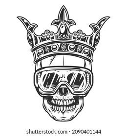 Construction worker skull builder with crown king and protective glasses in vintage monochrome style isolated vector illustration