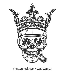 Construction worker skull builder  smoking cigar or cigarette smoke with crown king and protective glasses in vintage monochrome style isolated vector illustration