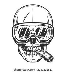 Constructor constructor de cráneo humeante de cigarrillos o humo de cigarrillos en gafas protectoras en ilustraciones vintage aisladas de vectores de estilo monocromo