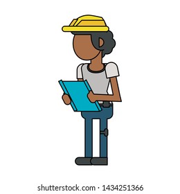 Construction worker smiling with clipboard cartoon isolated vector illustration graphic design