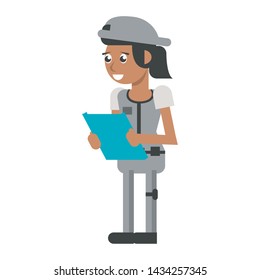 Construction worker smiling and holding clipboard cartoon isolated vector illustration graphic design