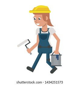 Construction worker smiling and holding paint bucket cartoon isolated vector illustration graphic design