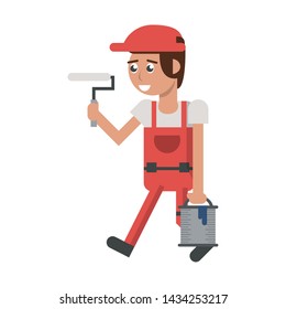 Construction worker smiling and holding paint bucket with pin cartoon isolated vector illustration graphic design