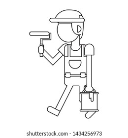 Construction worker smiling and holding paint bucket with pin cartoon isolated vector illustration graphic design