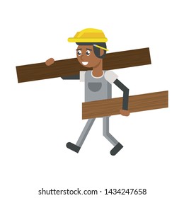 Construction worker smiling and holding planks cartoon isolated