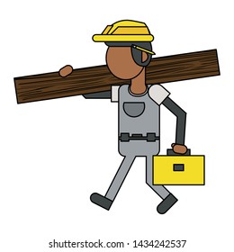 Construction worker smiling and holding toolbox and plank cartoon isolated vector illustration graphic design