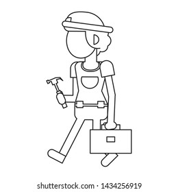 Construction worker smiling holding toolbox and hammer cartoon isolated vector illustration graphic design