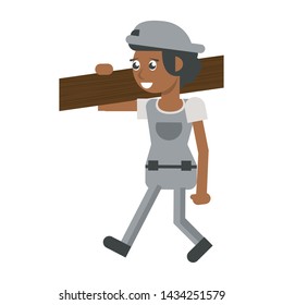Construction worker smiling and holding wooden plank cartoon isolated vector illustration graphic design