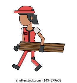 Construction worker smiling holdinh plank cartoon isolated vector illustration graphic design