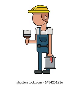 Construction worker smiling with paint bucket and brush cartoon isolated vector illustration graphic design