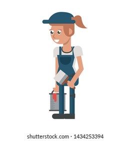 Construction worker smiling with paint bucket and brush cartoon isolated vector illustration graphic design