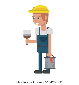 Construction worker smiling with paint bucket and brush cartoon isolated vector illustration graphic design