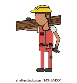 Construction worker smiling with plank and hammer cartoon isolated vector illustration graphic design