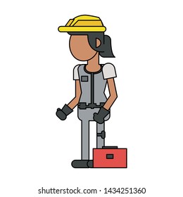 Construction worker smiling with toolbox cartoon isolated vector illustration graphic design