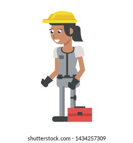 Construction worker smiling with toolbox cartoon isolated vector illustration graphic design