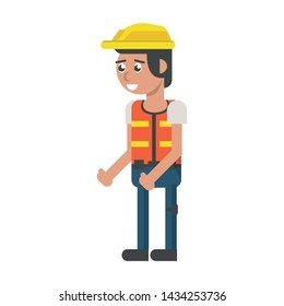Construction worker smiling with vest and hat cartoon isolated vector illustration graphic design