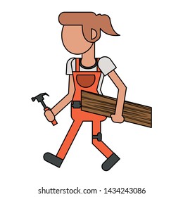 Construction worker smiling with wooden plank and hammer cartoon isolated vector illustration graphic design