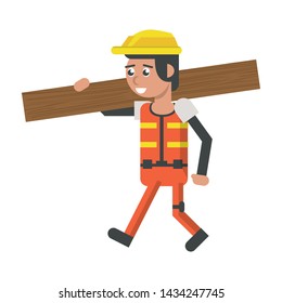 Construction worker smiling with wooden plank cartoon isolated vector illustration graphic design