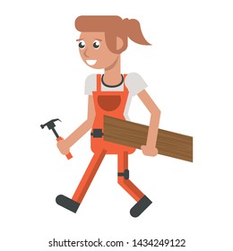 Construction worker smiling with wooden plank and hammer cartoon isolated vector illustration graphic design