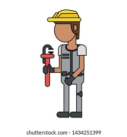 Construction worker smiling with wrench cartoon isolated vector illustration graphic design