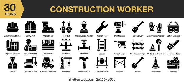 Construction Worker solid icon set. Includes industry, worker, construction, safety, builder, engineer, and More. Solid icons vector collection.