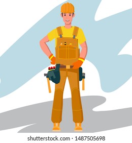 Construction worker in special clothes. Worker with safety equipment. Man wear helmet, gloves, protective equipment. Vector illustration in a flat style.