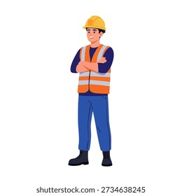 A construction worker standing confidently with arms crossed wearing safety gear and a hard hat on a plain background
