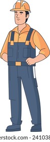 Construction worker standing confidently with safety helmet. Male builder in work clothes and hard hat vector illustration.