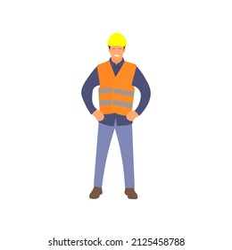 Construction worker. Standing laborer. Male handyman icon, sign or symbol. Repairman flat vector character illustration.