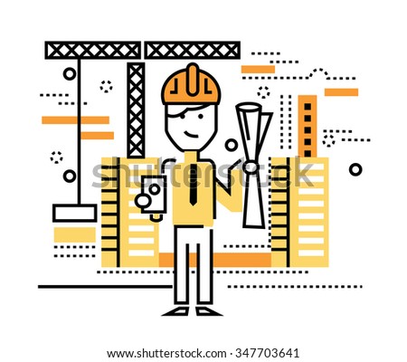 Construction worker standing on building site. flat thin line design elements. vector illustration