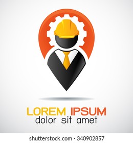 Construction Worker Standing At Pinpoint Locator Vector Logo: Icon Building Logo Vector