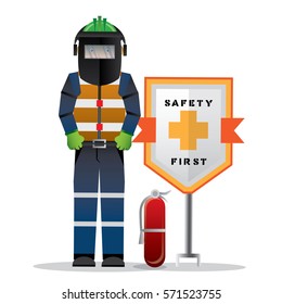 construction worker standing with safety first sign, health and safety warning signs, vector illustrator