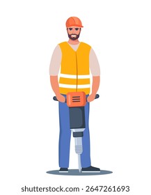 Construction worker stands with Jackhammer, ready to break ground. Smiling male character industrial worker or builder.