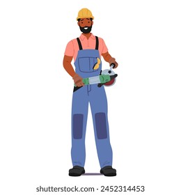 El Trabajador De La Construcción Está Preparado, Con Una Herramienta De Amoladora En Las Manos, Enfocado Y Listo Para La Tarea Por Delante. Personaje masculino con sombrero duro y uniforme con instrumento. Ilustración vectorial de Personas de dibujos animados