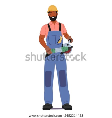 Construction Worker Stands Poised, with A Grinder Tool In Hands, Focused And Ready For The Task Ahead. Male Character wearing Hardhat and Uniform with Instrument. Cartoon People Vector Illustration