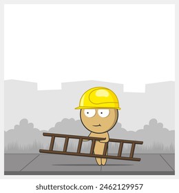 Construction worker with stepladder. Builders with construction tools.