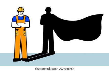 Trabajador de la construcción con sombra de superhéroe. Constructor de casco como héroe de capa. Pasos aislados de vectores Ilustración para el cartel del día del trabajo o del trabajo feliz