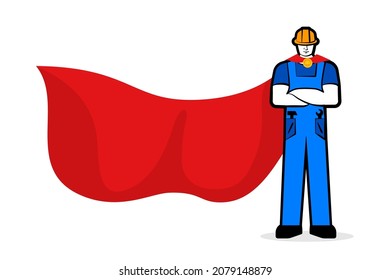 Construction worker superhero. Super hero builder in helmet and cloak. Vector isolated eps Illustration for happy labor or labour day banner