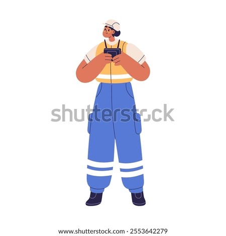 Construction worker, surveying device for remote control, inspection. Engineer, surveyor with professional surveying equipment at building site. Flat vector illustration isolated on white background