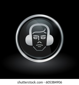 Construction worker symbol with builder icon inside round chrome silver and black button emblem on black background. Vector illustration.