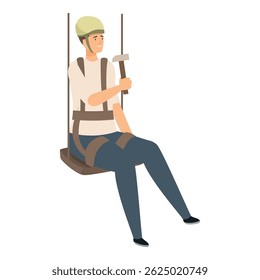 Construction worker is taking a break from work, sitting on a swing and holding a hammer