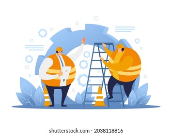 Construction worker talking with architect. Construction worker flat design.