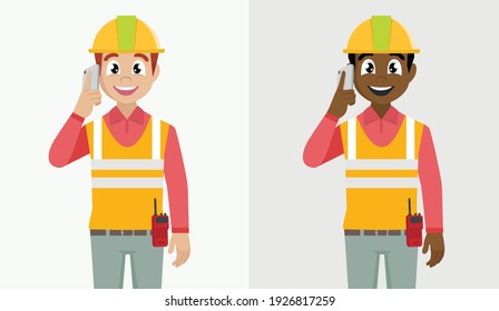 Construction worker talking on the phone