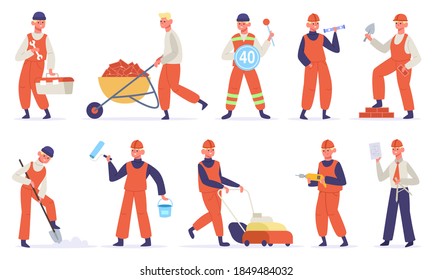 Construction worker. Technician worker character, builder, construction handyman working. Construction engineer vector illustrations. Men with tools as drill, shovel, wrench and paint roller