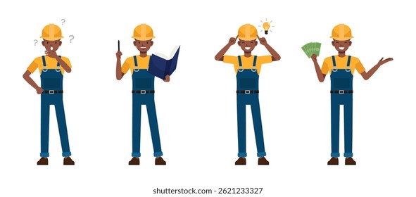 Construction worker thinking and get idea, holding money character vector illustration design set.